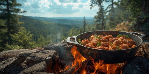 Juicy chicken grilled over an open fire in the wild, outdoor culinary activity emphasizing nature and preparation, World Food Day