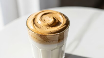 Minimalist close-up of a glass of whipped dalgona coffee on a white marble table Background