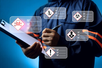 MSDS material safety data sheet concept with safety staff holding clipboard to check a chemical and...