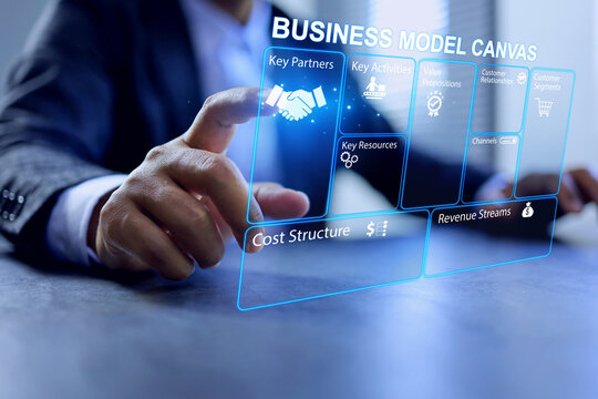 business model canvas concept with businessman working on a business model analysis represent to commercial management