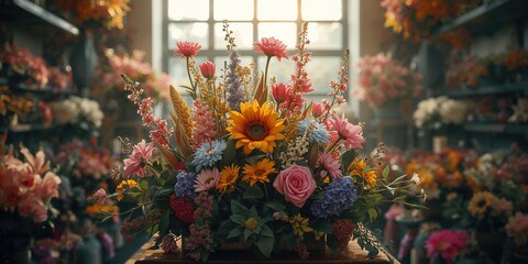 Fototapeta premium A collection of floral specimens in a florist's setting, emphasizing vibrant hues and intricate petal structures, suitable for botanical displays