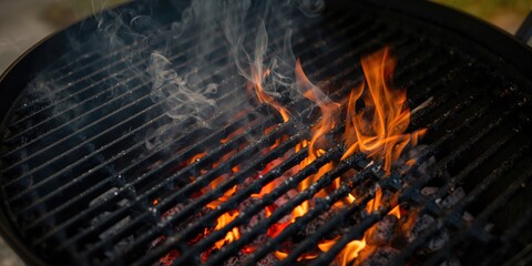 Close up of a cast iron BBQ grill grate with flames and smoke, safety and maintenance of outdoor cooking equipment