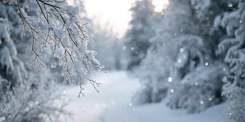 Close up of snow-covered tree branches in Lapland, Finland, winter landscape preservation