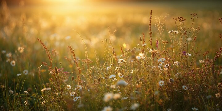 Meadow flowers bathed in golden sunlight, ideal for nature-themed background or editorial header