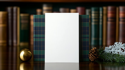 Holiday blank card with books and ornaments. A winter holiday-themed setup showcasing a blank white card, flanked by classic books, and complemented with seasonal ornaments on a wooden surface.