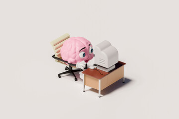 3D cartoon brain typing on vintage computer