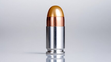 Polished silver-and-gold bullet standing on neutral reflective background. Ammunition and weapon component