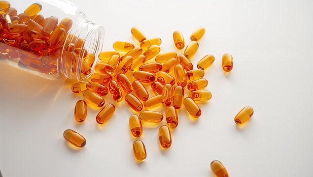 Close-up of fish oil capsules scattered on a white background, highlighting supplement packaging and risk management