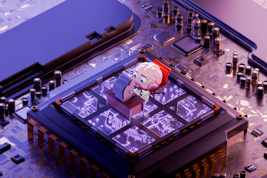 3D brain working inside glowing computer chip