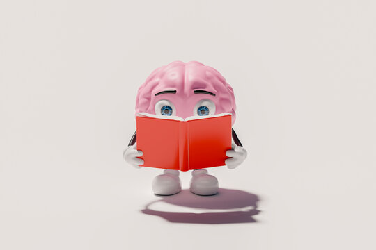 3D brain character reading open book frontally