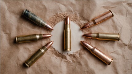 Bullets arranged in circular composition on kraft paper. Centered rifle cartridge with surrounding rounds creating radial pattern. Ammunition detail shot for military, forensic or tactical themes