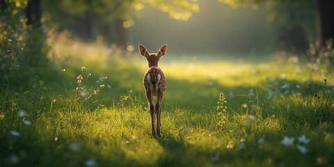 Young deer in a meadow setting, highlighting conservation and habitat protection, horizontal format