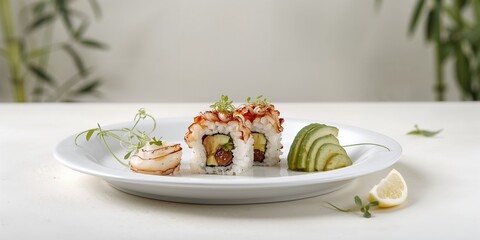 Octopus sushi roll with avocado, highlighting protein and healthy fats, suitable for food styling