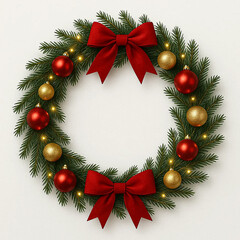 Christmas wreath decorated with red bows, gold and red ornaments, and small lights