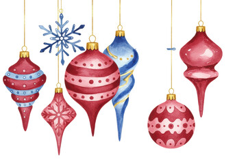highly detailed watercolor illustration of floating christmas baubles, icicles, and snowflakes in crimson and cerulean blue with gold metallic accents, isolated on white background. elegant