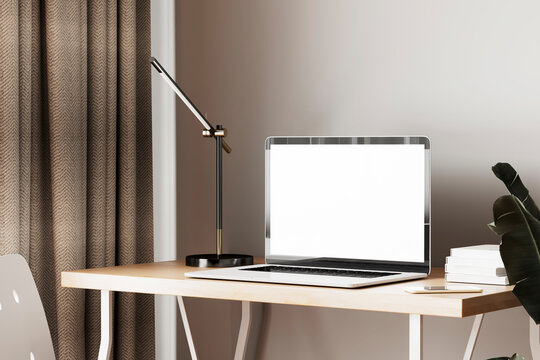 3D laptop with blank screen on desk setup