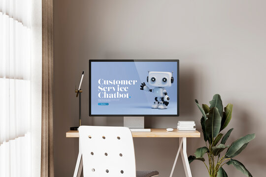 3D chatbot displayed on tech monitor workspace