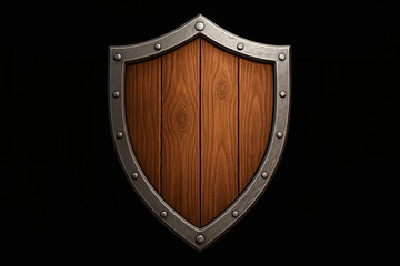 Wooden medieval shield with metal frame on black background