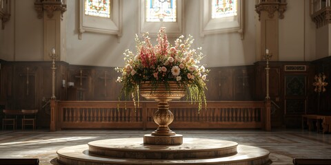 Religious baptismal font embellished with floral designs, used in ceremonial settings