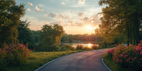 Scenic summer park with colorful landscape, walking trail, and bright blue sky, suitable for leisure and nature appreciation