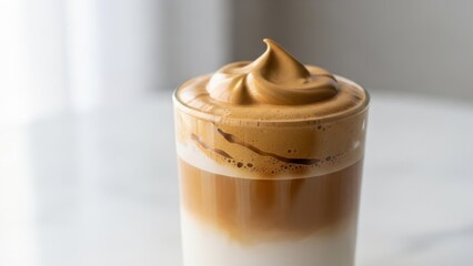 Minimalist close-up of a glass of whipped dalgona coffee on a white marble table