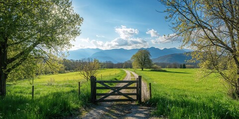 Wooden fence at garden entrance along gravel road in countryside landscape, rural accessibility
