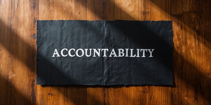 Accountability word written on black paper with wooden background, used for motivational or organizational signage