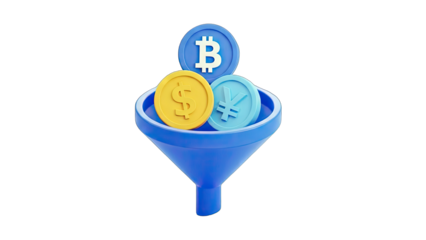 Cryptocurrency and Currency Coins Filtering Through a Funnel