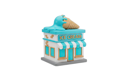 Charming 3D Rendered Ice Cream Shop With Melting Cone And Teal Accents On Transparent Background
