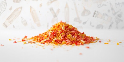 Wood shavings from pencils arranged on a white background, used for creative or instructional purposes