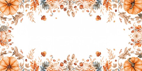 White backdrop with watercolor autumn pattern featuring pumpkins, acorns, leaves, and dried grasses, suitable for seasonal background design