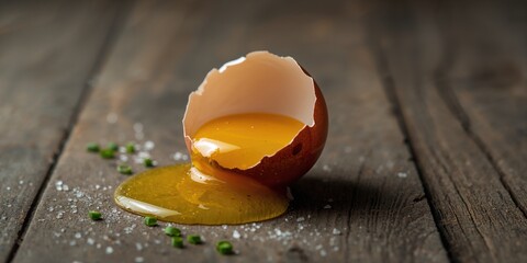 Broken eggshell with yolk and white spilling, food preparation and hygiene, World Egg Day