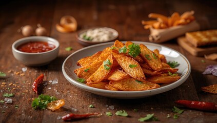 Fototapeta premium French fries seasoned with salt and pepper, designed for Asian take away meals