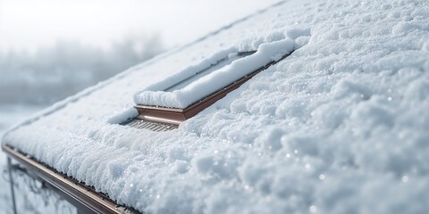 Close-up of a snow-covered roof with a skylight and brown gutters, winter weather conditions