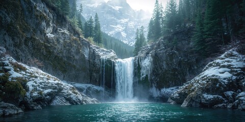 Asago Waterfall during winter with water cascading through lush forest and mountain setting, suitable for landscape backgrounds, Earth Day