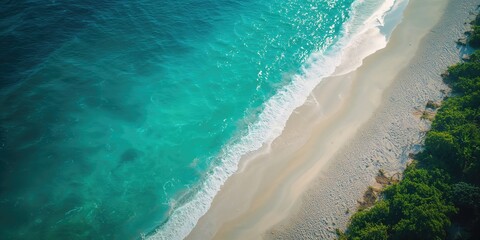 Drone shot of a tropical beachfront with vibrant azure waters and active waves, ideal for text overlay