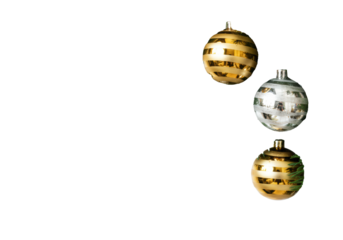 close-up macro of a vibrant picea fir branch with emerald needles, decorated with highly reflective gold and silver glass baubles on a pure white background. concept of high-end luxury festive design