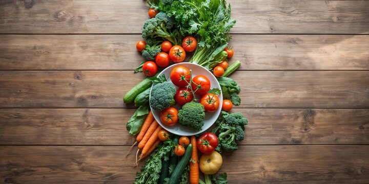 Fruits and vegetables arranged on a wooden table, suitable for a nutritious meal or snack, World Food Day - Powered by Adobe