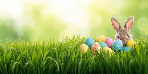 Colorful Easter eggs scattered on grass, seasonal decoration for Easter celebration