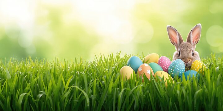Colorful Easter eggs scattered on grass, seasonal decoration for Easter celebration