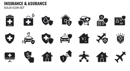 Set of 18 black solid icons related to insurance and assurance across three rows