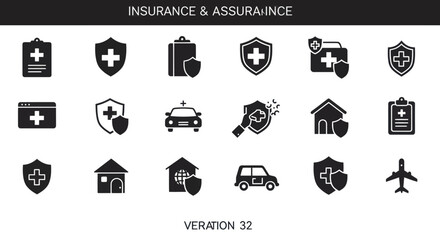 Set of black and white insurance and assurance icons in three rows