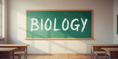 Classroom scene featuring a green chalkboard displaying BIOLOGY, focusing on science teaching tools