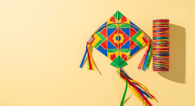 Vibrant multicolored Indian kite with matching thread spool displayed on a pastel background, symbolizing Makar Sankranti, Uttarayan celebrations, kite flying traditions, and festive cultural joy