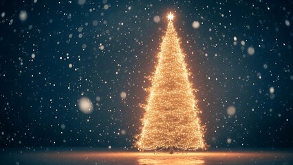 Naklejka premium A brightly lit christmas tree stands tall amidst a gentle snowfall on a dark night