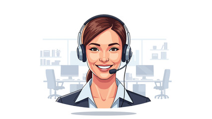 Smiling customer service agent wearing a headset in a blurred office