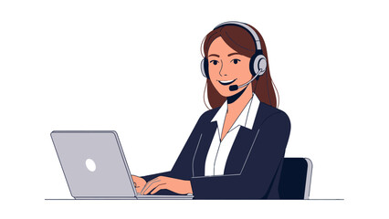 Smiling female customer support agent wearing a headset working on a laptop