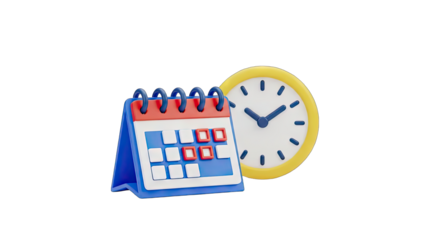 3D Illustration of a Desk Calendar and a Round Clock on a Transparent Background Representing Scheduling Planning and Time Management