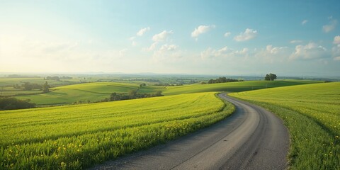 Fototapeta premium Springtime rural scene of a country road lined with vibrant green fields, showcasing seasonal growth