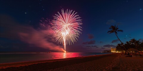 Fireworks lighting up the night sky over a park during a July 4th celebration, large-scale patriotic displays